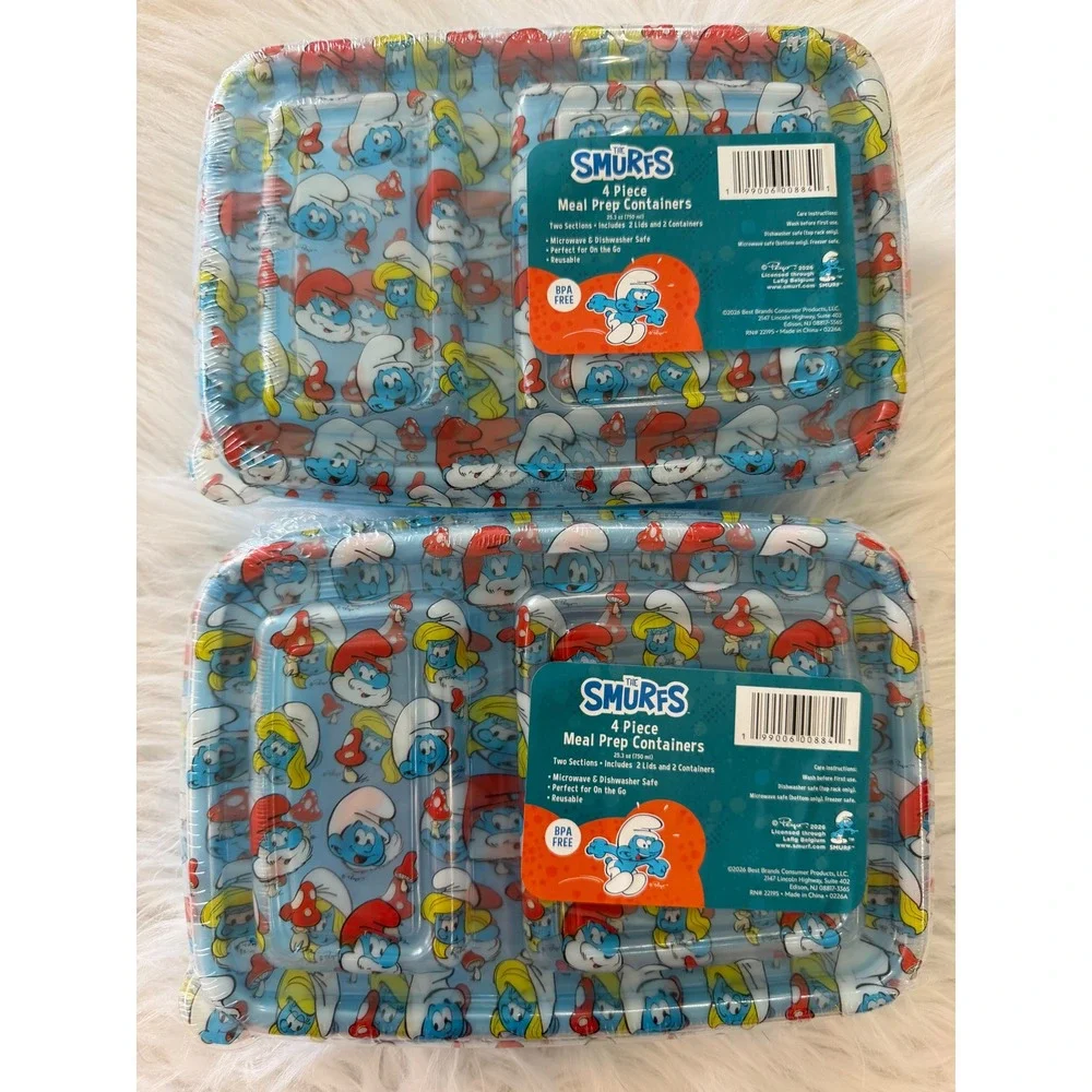 The Smurfs 4 Piece Meal Prep Containers 2 Pack Blue Divided BPA Free 25.3oz